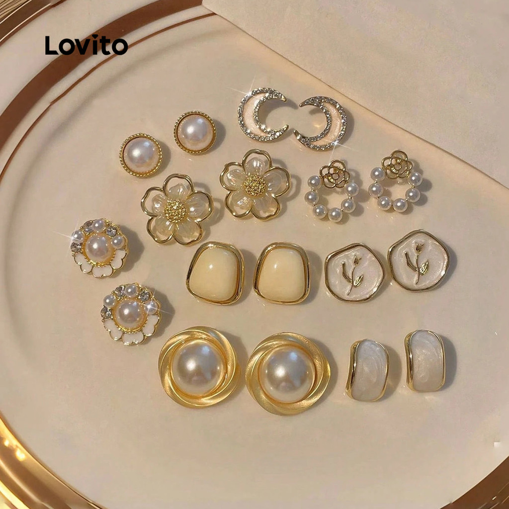 Lovito Brincos Casuais De Pérolas Estilo Coreano LFA120007
