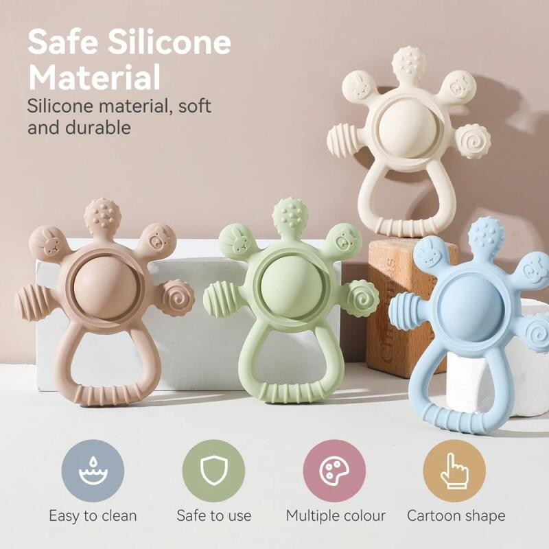 2026Mordedor de Silicone de Grau Alimentício para Bebês 0-12 Meses, Brinquedos Sensoriais para Dentição, Chocalho de Sil
