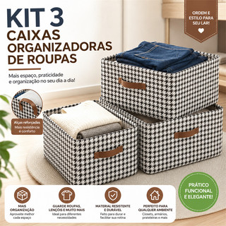 Kit com 3 Caixas Organizadoras de Roupas Dobráveis, Com Alças, Armazenamento de Guarda-Ro…