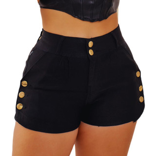 Short Jeans Feminino Cós Alto com Botões Laterais Preto Moderno Cintura Alta Modelo Elegante