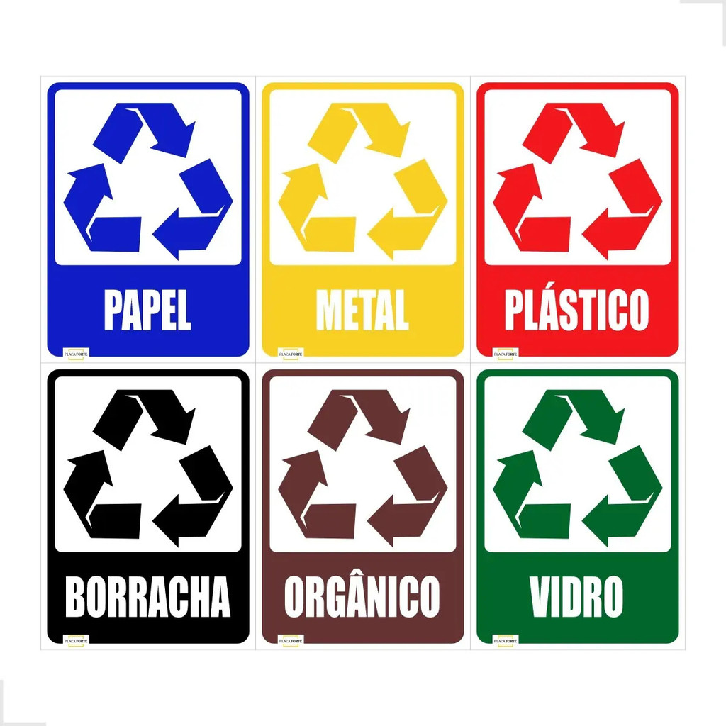 Kit de seis adesivos de coleta seletiva para lixeiras: papel, metal, plástico, vidro, orgânico e borracha