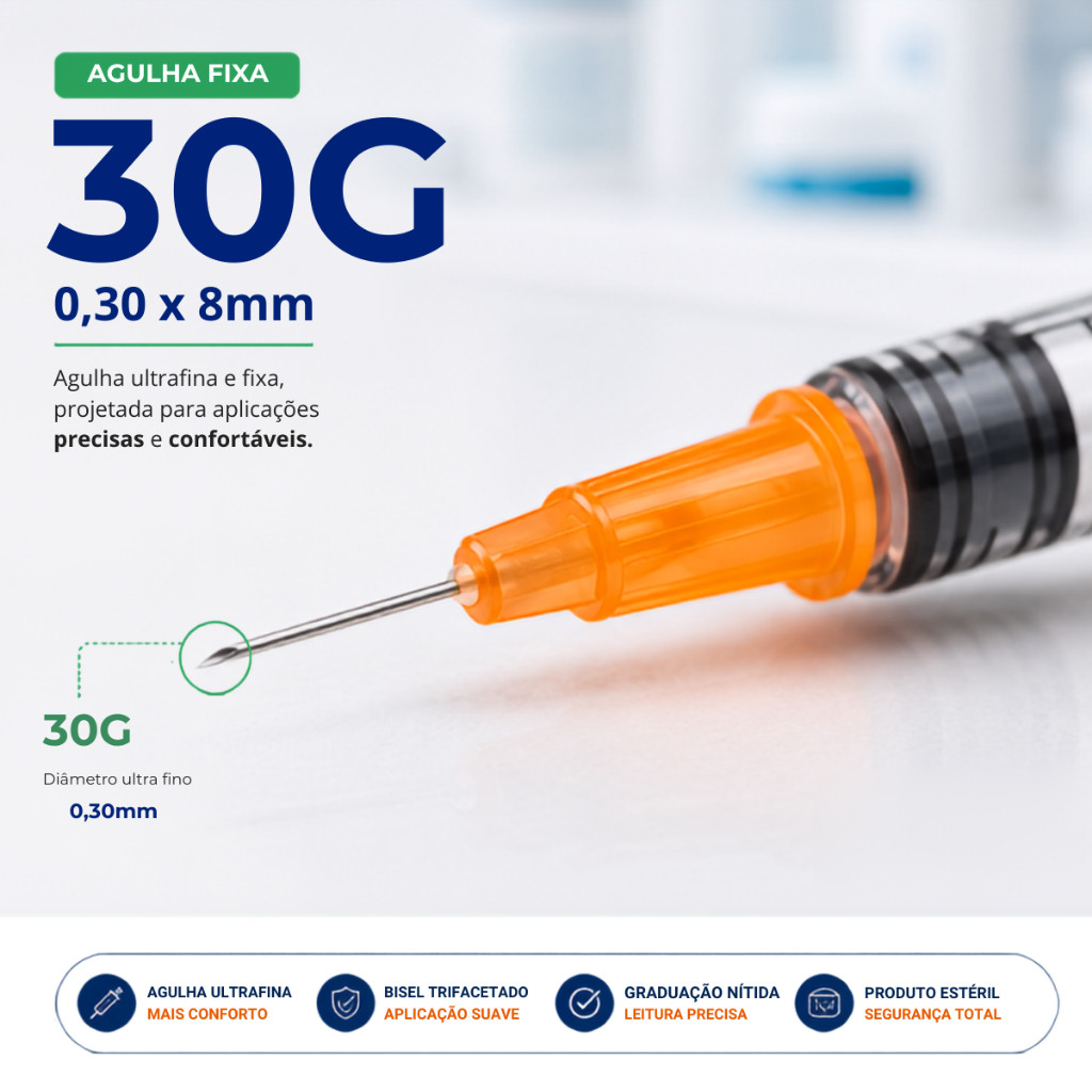 Seringa De Insulina 1ml 30x8mm 30g Agulha Fixa Kit C/10 — imagem 2 de 2