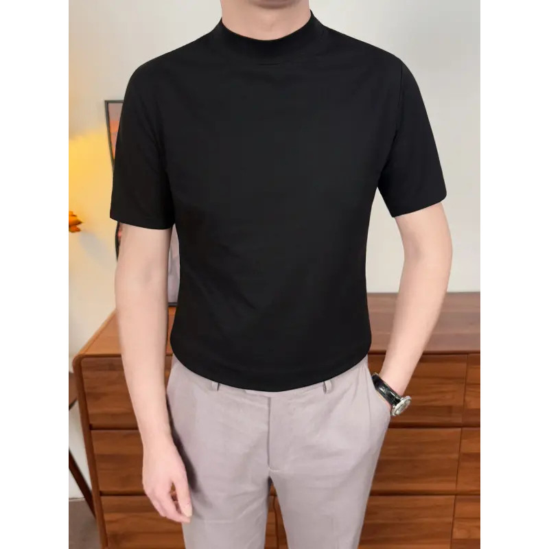 Camiseta masculina de seda gelo respirável meia gola alta manga curta verão venda quente líquido amônia algodão Soli