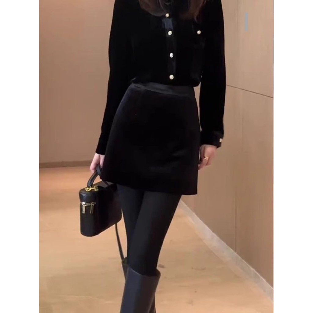 Saia de veludo preto feminina 2026 outono inverno novo estilo cintura alta saia reta magro-ajuste mais magro olhar Hip-e