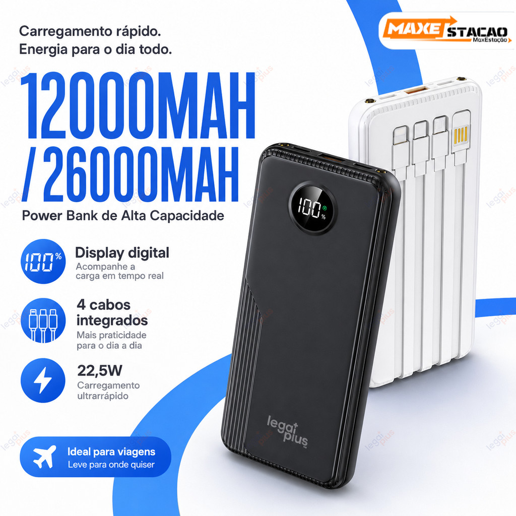 Carregador Portátil 12.000 e 26.000mAh 22,5W PD Carregamento Rápido 4 Cabos Tela Digital Vários Dispositivos
