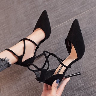 Salto alto salto Stiletto novo estilo 2025 temperamento verão cruz profissional strass apontou Toe feminino cinta plana 