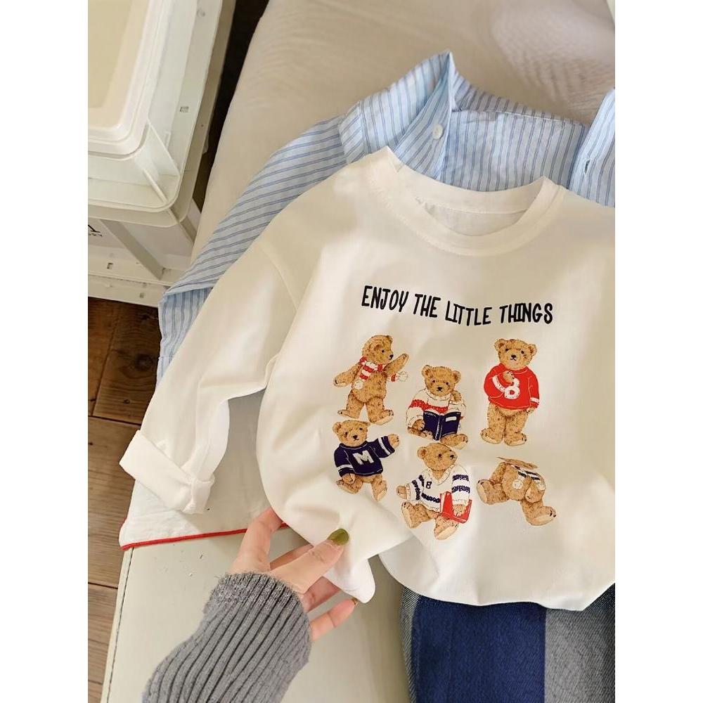 100% algodão crianças camiseta de manga comprida camisa de fundo primavera versão coreana urso dos desenhos animados men