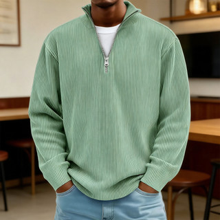 Men Pullover Quarter-zip Men's Quarter Zip Sweatshirt Long Sleeve Stand Collar Solid Color Casual Loose Fit Ribbed Cuffs