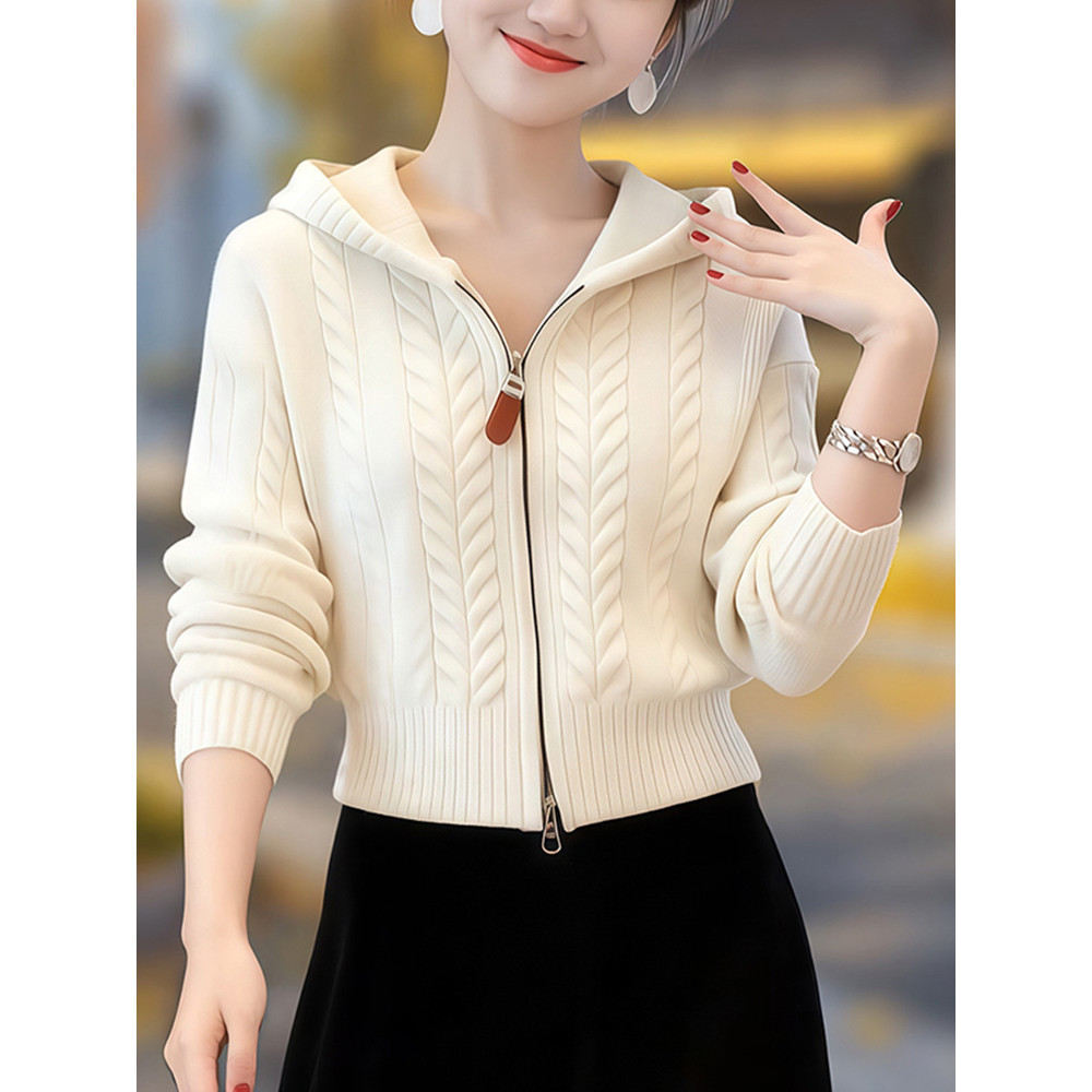 Primavera temperamento luz estilo maduro malha com capuz Cardigan camisola feminina moda All-Match estilo ocidental idad