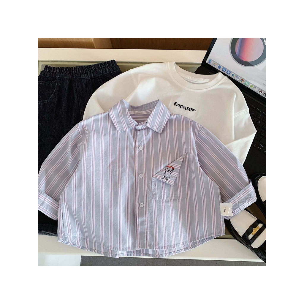 Camisa listrada de manga comprida com bolso exclusivo para crianças, meninos e meninas 2026, roupas de primavera e outon