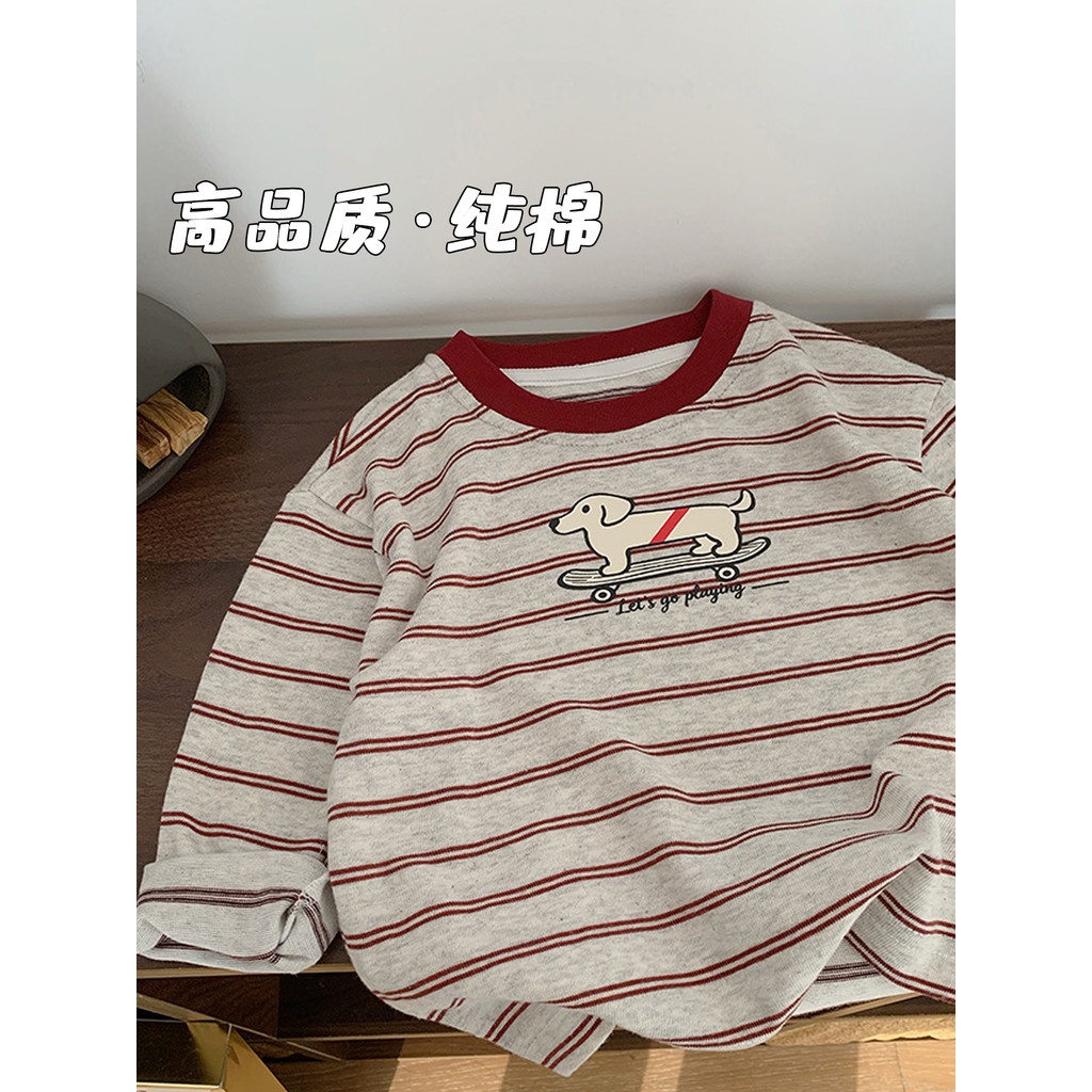 Meninos primavera outono dos desenhos animados listrado manga comprida camiseta crianças puro algodão pele-amigável solt