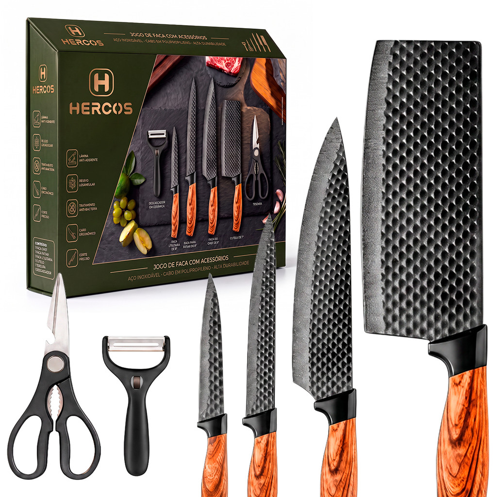 Jogo De Facas 6 Peças Kit Conjunto Cozinha Aço Inox Tesoura Descascador Cutelo Chef Churrasco Hercos