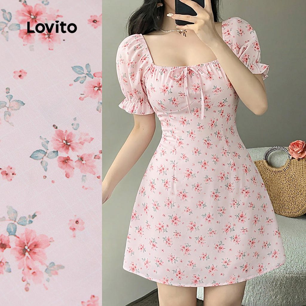 Lovito Vestido Casual Rosa para Mulheres com Acabamento de Alface Estampa primavera/verão L198ED206