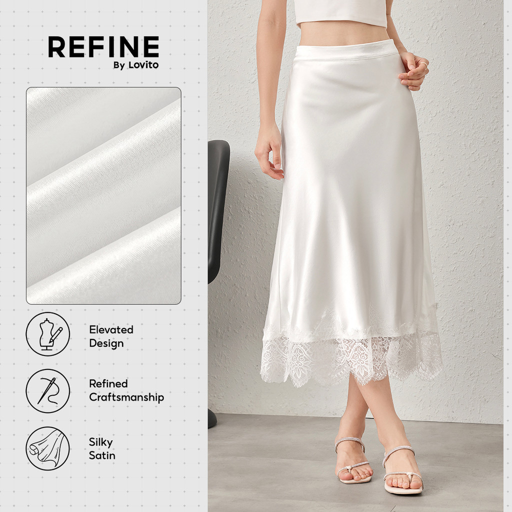 (Refine by Lovito) Saia Social Cetim Sedoso Costura Renda Branca Trabalho Feminino SKR42P1D056
