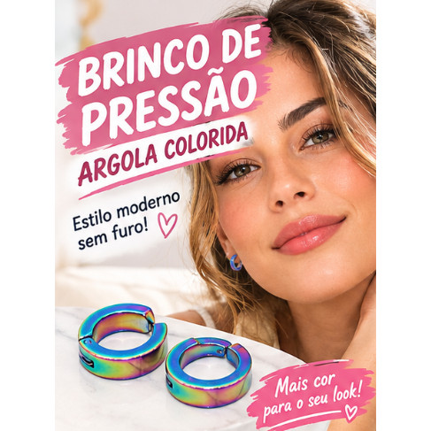 Brinco C Arco-Íris em Aço Inoxidável 316L, Unissex e Antialérgico