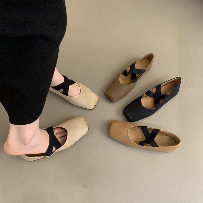 Dedo do pé quadrado boca rasa sapatos femininos primavera outono 2025 novo estilo francês Retro suave fada Ballet plana 