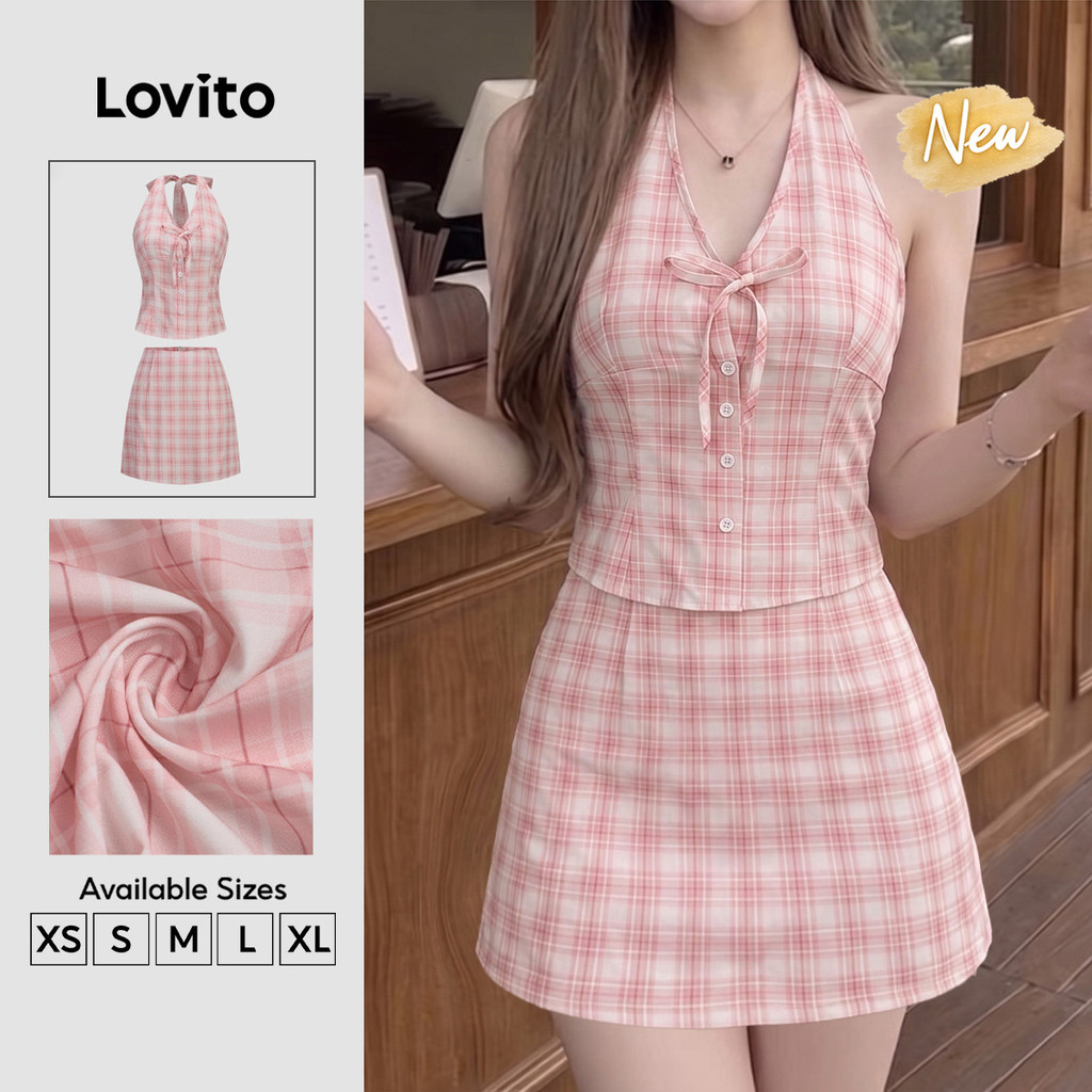(New Arrival) Lovito Casual Top Rosa Xadrez Nó Frontal Zíper Primavera Verão Fim De Semana Para Mulheres KSB204P1D374