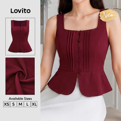 (New Arrival) Lovito Elegante Blusa Sem Mangas Alças Botão Frontal Pregos Confortável Primavera Verão Trabalho Borgonha Para Mulheres TKB205P2D342