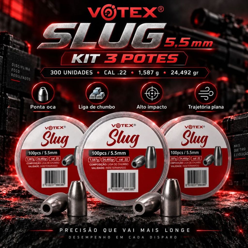 Kit 3 Potes Chumbinhos Votex Slug 5,5 mm 1,587 g - 300 Unidades