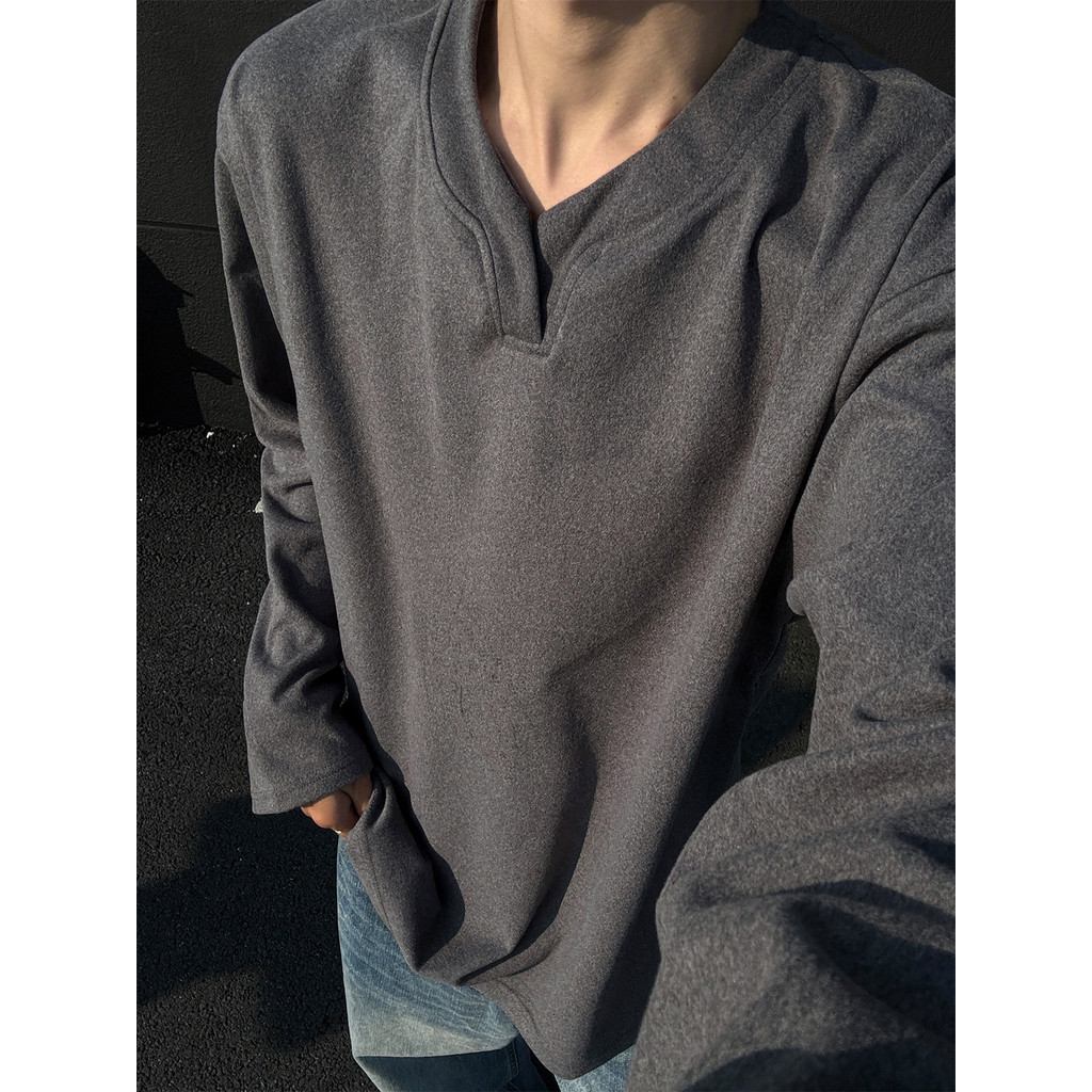 300g pesado alemão veludo com decote em V manga comprida camiseta masculina primavera topo cleanfit estilo americano cam