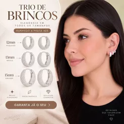 Trio Brincos de Argola Click Argola Prata 925 Gota Detalhes Prata Banhada Kit 3 Pares de Brinco