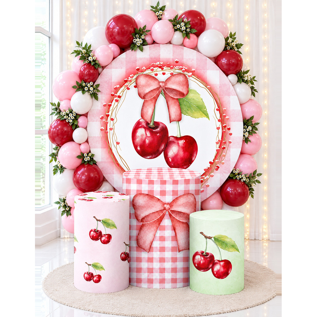 Kit Painel de Festa Cerejinha + Cilindros Decorativos Redondo Tecido Trio Capas Cilindro Decoração Festa Cereja