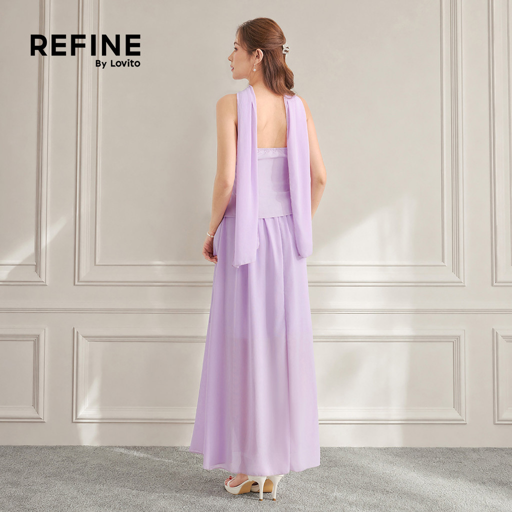 (New Arrival) (Refine by Lovito) Vestido Longo Roxo Com Pérolas Costura Em Tecido E Fita Para Ocasiões Formais E Eventos Noturnos Para Mulheres DRR44P1D116 — imagem 2 de 2