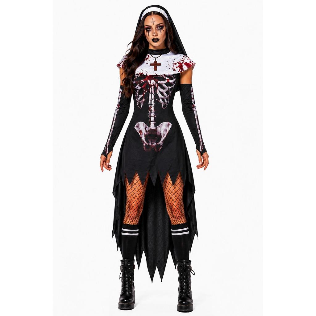 Fantasia Halloween Feminina Freira Terror Zumbi Esqueleto Com Véu de Noviça