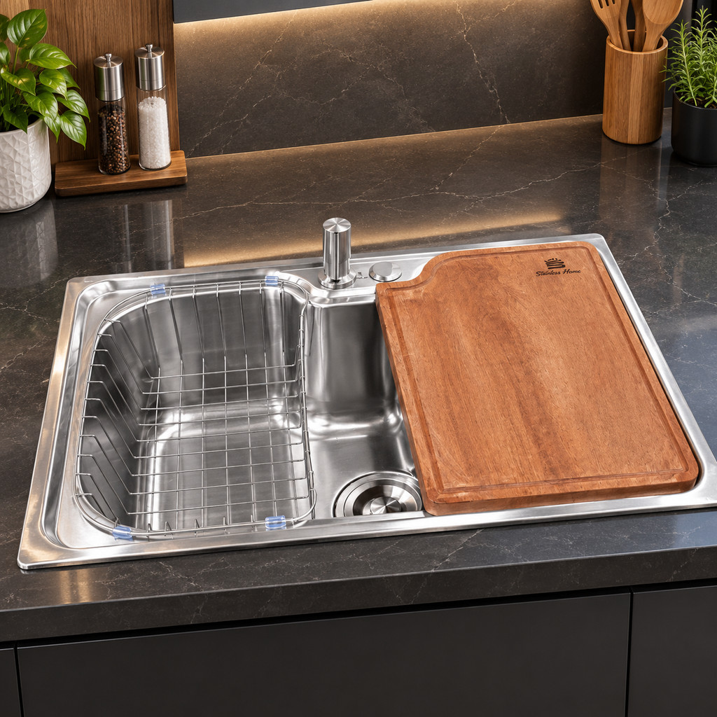 Cuba Gourmet Cozinha Aço Inox 60x42cm Completa Com Dispenser 500ml Escorredor Tábua De Corte Teca