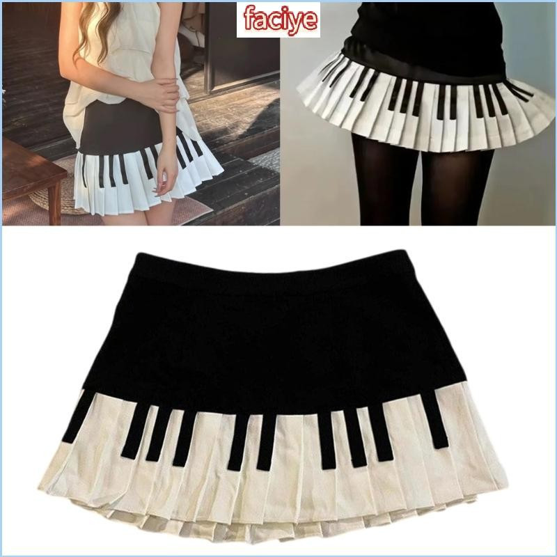 Saia feminina com cintura plissada, estampa de piano, corte em A, 2KZ6