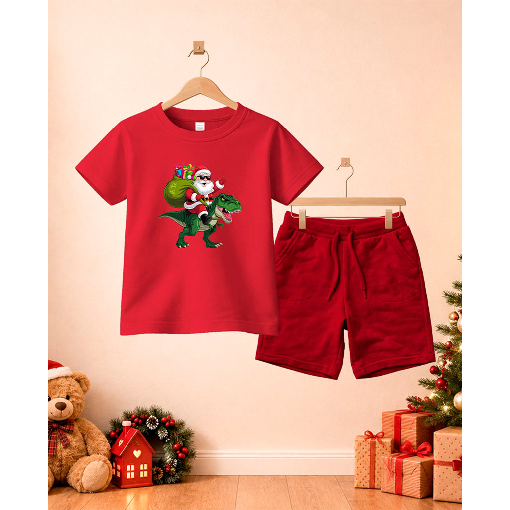Camiseta + Short Conjunto Infantil Dino Papai Noel Natal Desenho Conjunto De Bermuda Juvenil Conjunto De Bermuda Juvenil