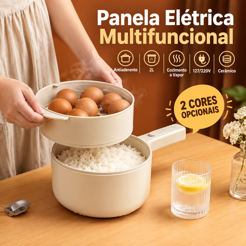 Imagem Panela Elétrica Multifuncional 2 Cores Opcionais Antiaderente 2L Cozimento a Vapor 127/220V Cerâmico