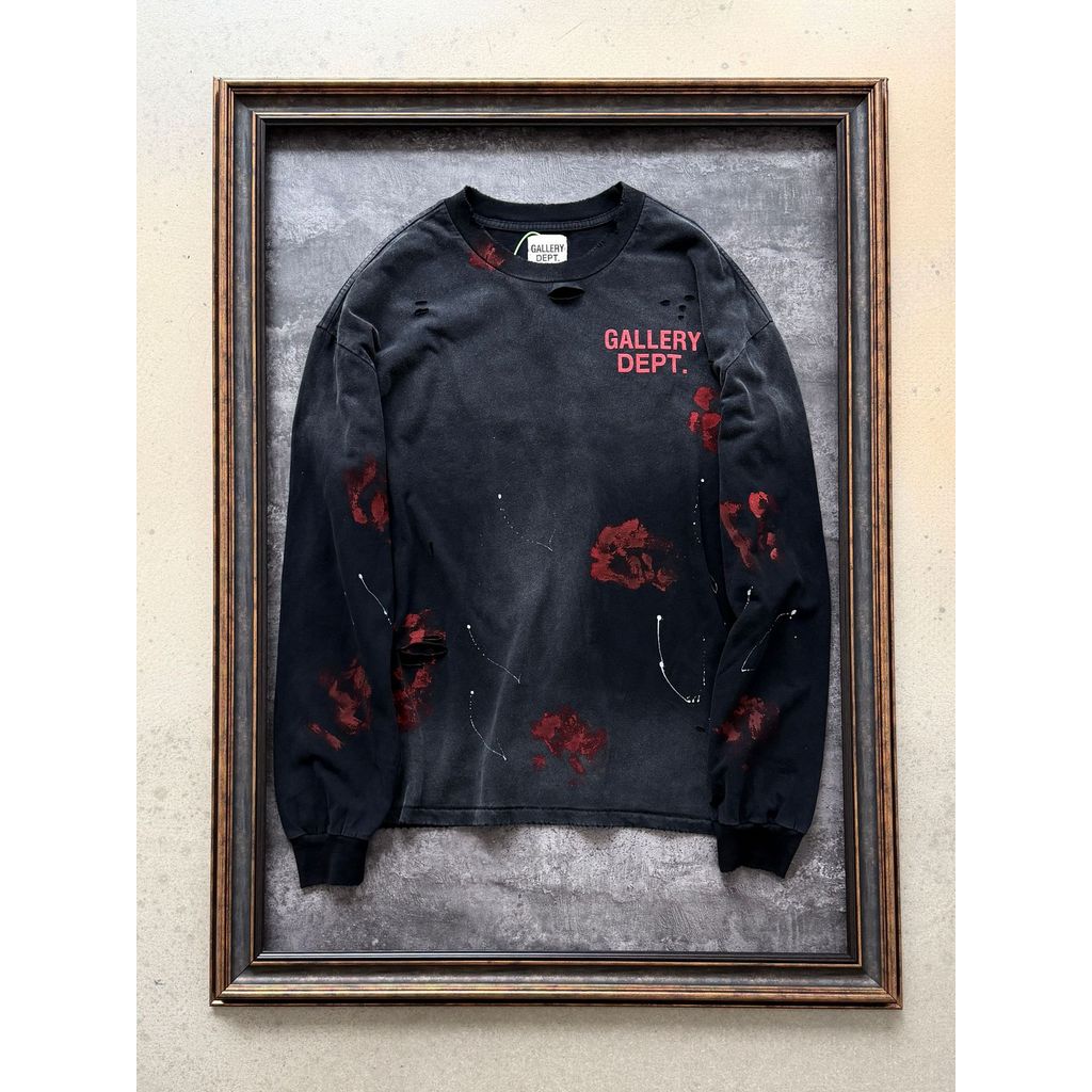 GALERIA DEPT Americano Retro Lavado Angustiado Destruição Camiseta de Manga Comprida Masculina Solta Graffiti Impresso P