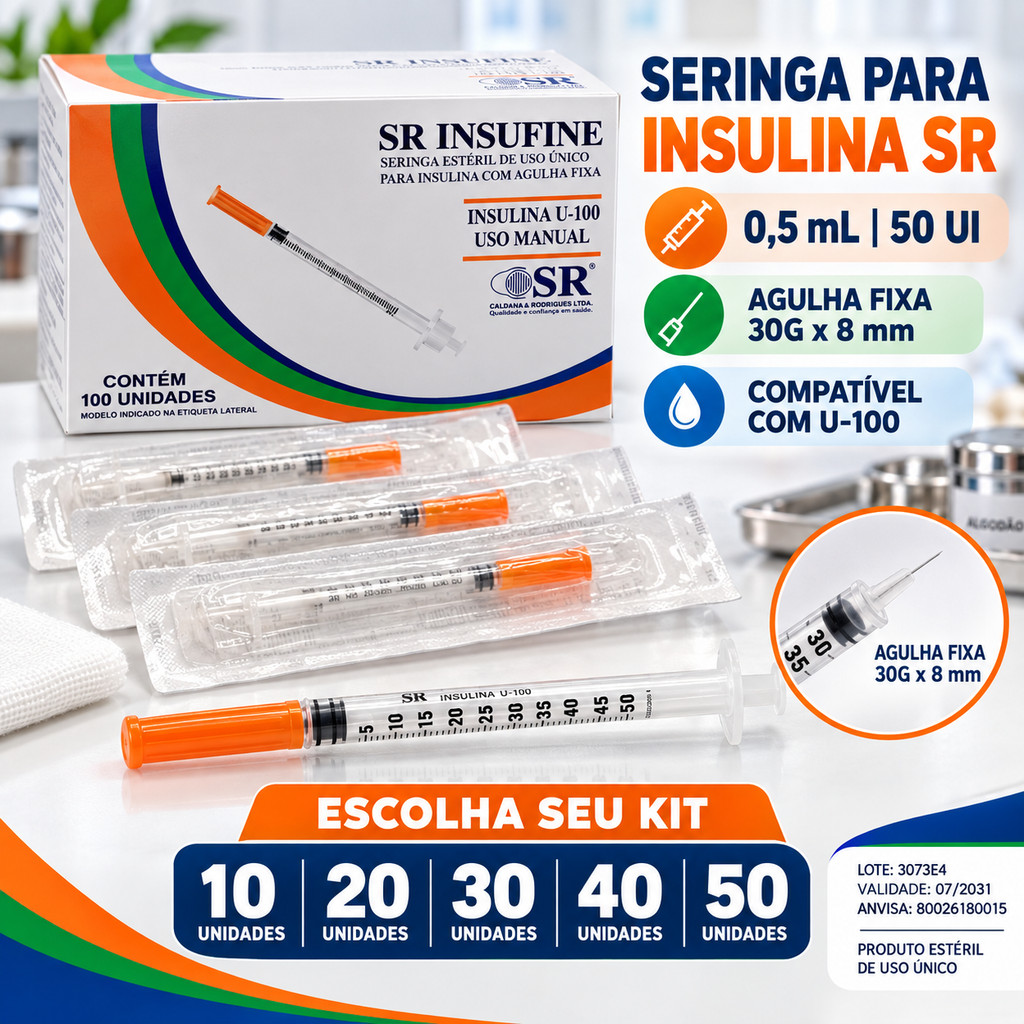 Seringa Para Insulina SR 0,5ml 50UI Agulha Fixa 30G 8mm U100 Kit 10 20 30 40 50 Unidades