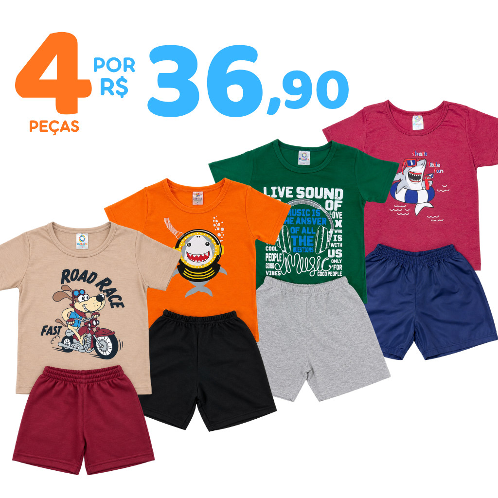 Kit 4 Peças Roupa Infantil Menino Verão Conjunto Sortido Estampado Camiseta + Shorts Liso 2 Conjuntos