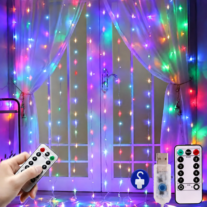Barra de luz de cortina 4x3m/3x3m/3x2m Lanterna/Luz quente LED Luz de decoração de Natal Controle Remoto com cabo USB
