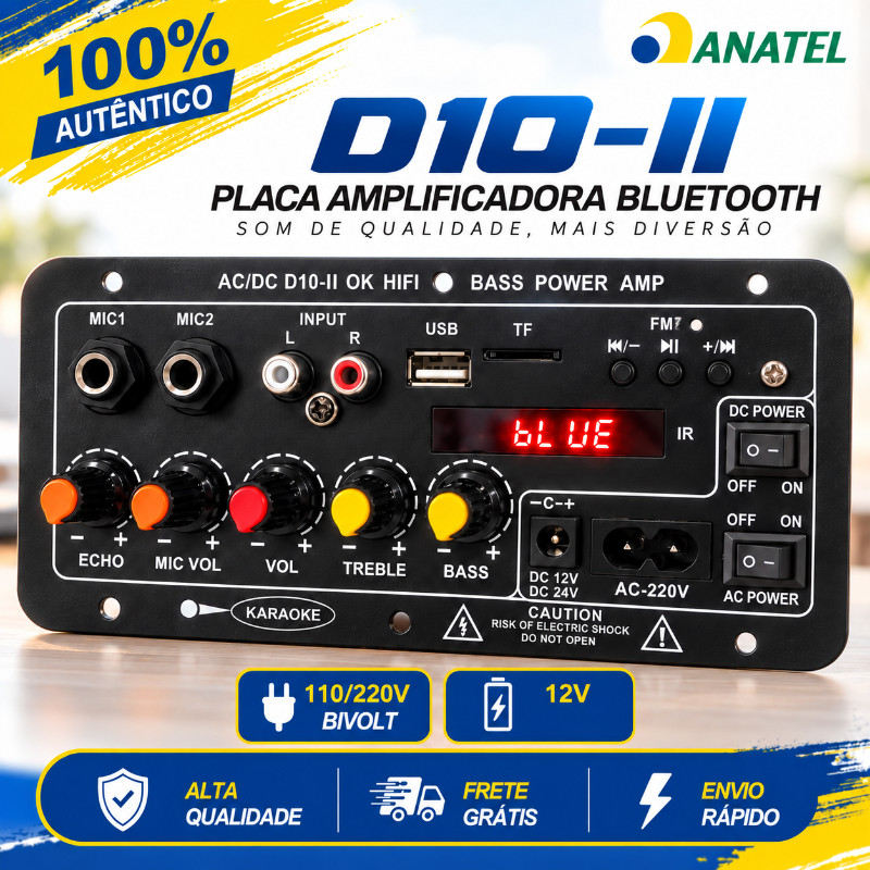 Placa Amplificadora Digital D10-II 110/220V 12V Bluetooth, 2 Microfones, Karaokê, Subwoofer Super Bass DIY