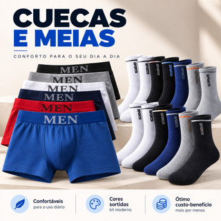 Kit 10 Cuecas Box Boxer + 6 Meias Sport ou Kit 6 Cuecas + 6 Pares de Meias Sport