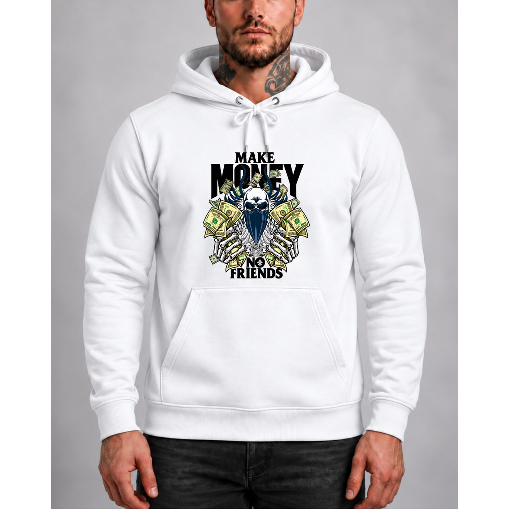 Moletom Canguru Masculino Com Bolso Make Money Friends Estampa Streetwear Caveira e Dinheiro Blusa Confortável E Capuz