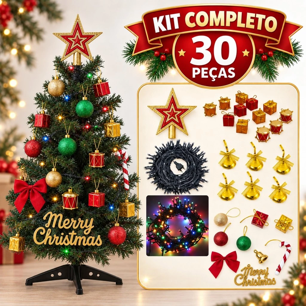 Árvore de Natal Decorada 120CM/90CM/60CM Completa com Pisca Pisca Ponteira e 27 Enfeites Variados — imagem 1