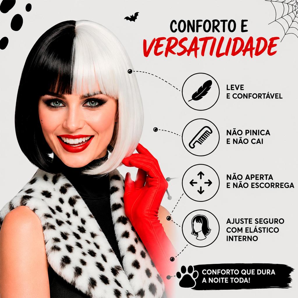 Cabelo Cruella De Vil Peruca Chanel Preta Branca Curta com Franja pra Fantasia de Halloween Cosplay · foto 2