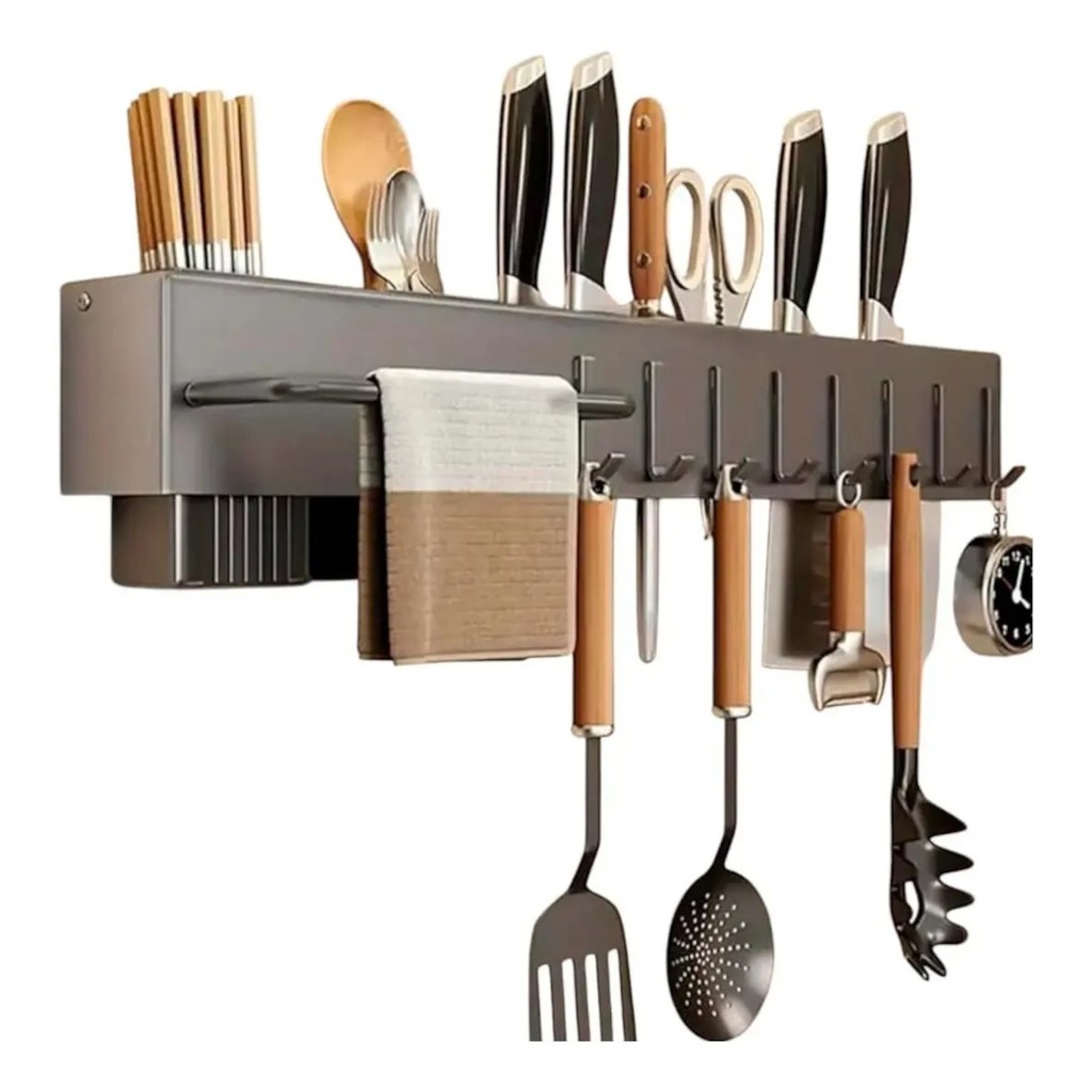 Suporte Organizador de Utensílios de Cozinha de Parede com 8 Ganchos em Aço Inox Prático