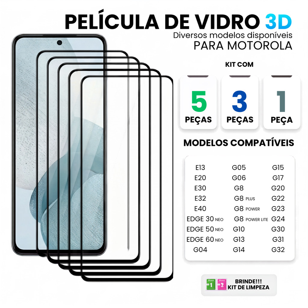 Película de Vidro 3D Temperado Para Moto E13 E32 E40 Edge 60 Neo G05 G06 G10 G15 G17 G20 G22 G30 G31