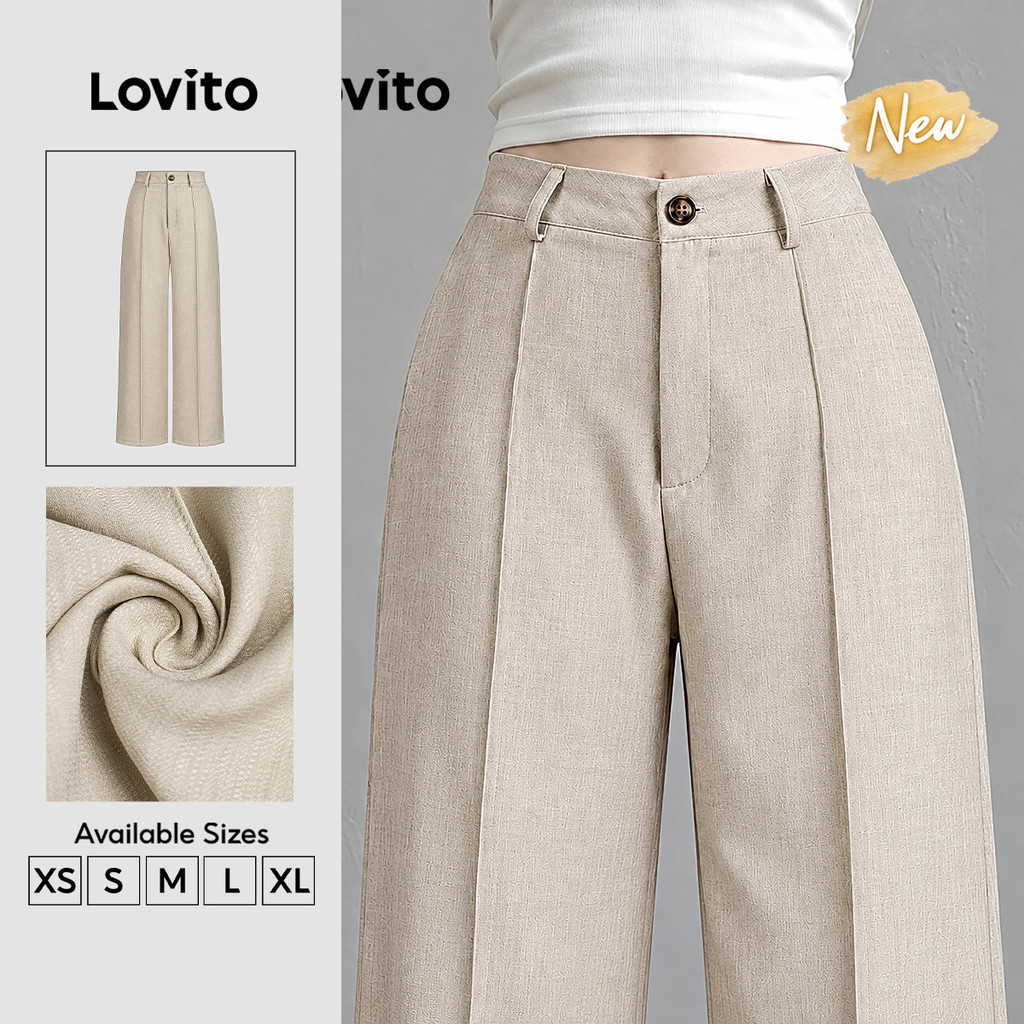 (New Arrival) Lovito Calças cáqui Femininas P/trabalho Cintura média Reta Estruturadas clássicas/versáteis prim/verão PTK10P2D701