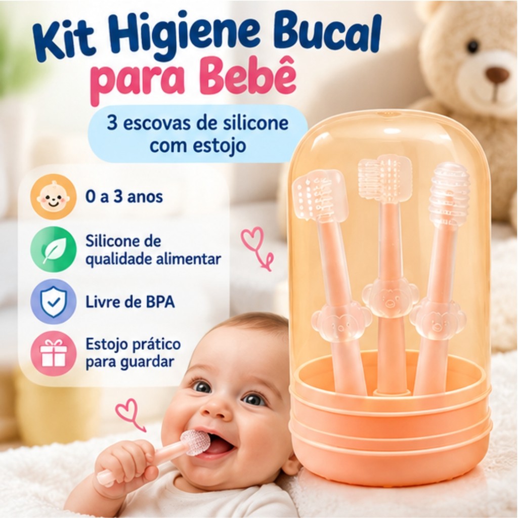 Kit Higiene Bucal Bebê 3 Escovas Silicone com Estojo Ursinho Gengiva Dentinhos Língua Infantil 0 a 3 Anos Fofo