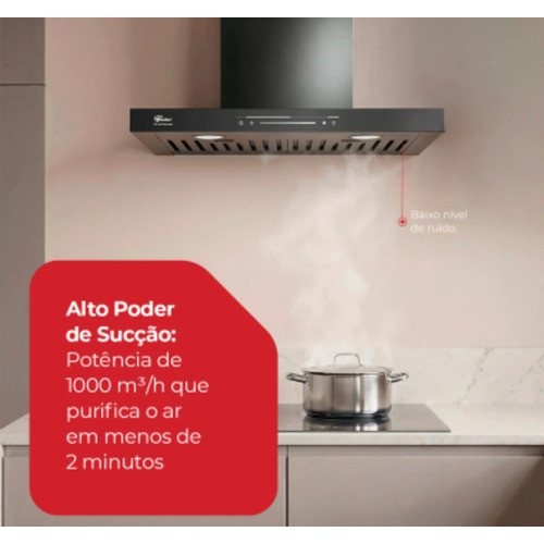 Coifa de Parede Fischer Platinium 60cm 1000m³/h Controle por Gestos Slider Touch Preta Fosca — imagem 2 de 2