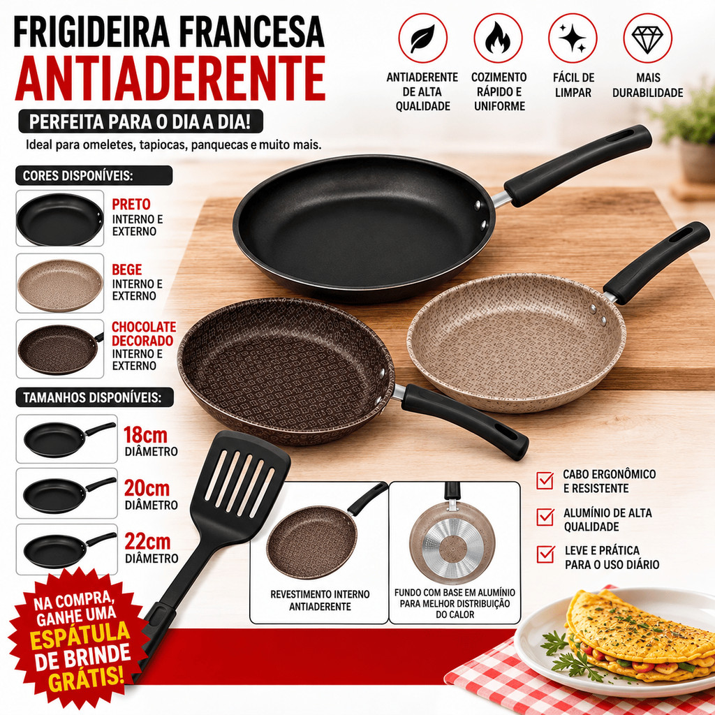 Frigideira Francesa Anti Aderente 5 Camadas de Teflon Omeleteira | Panqueca|14 18 20 22 Cm