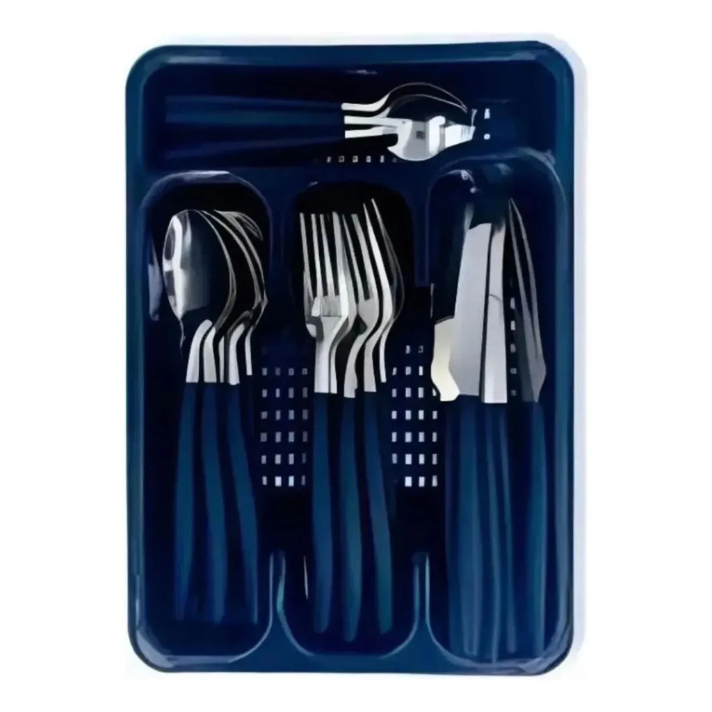 Jogo de Talheres 24 Peças Aço Inox com Cabo Plástico + Bandeja Organizadora para Gaveta Faqueiro Completo