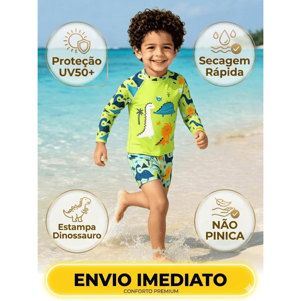 Conjunto Praia Infantil Menino Camiseta Manga Longa Com Proteção Solar UV 50+ E Sunga Boxer Estampa Dinossauro