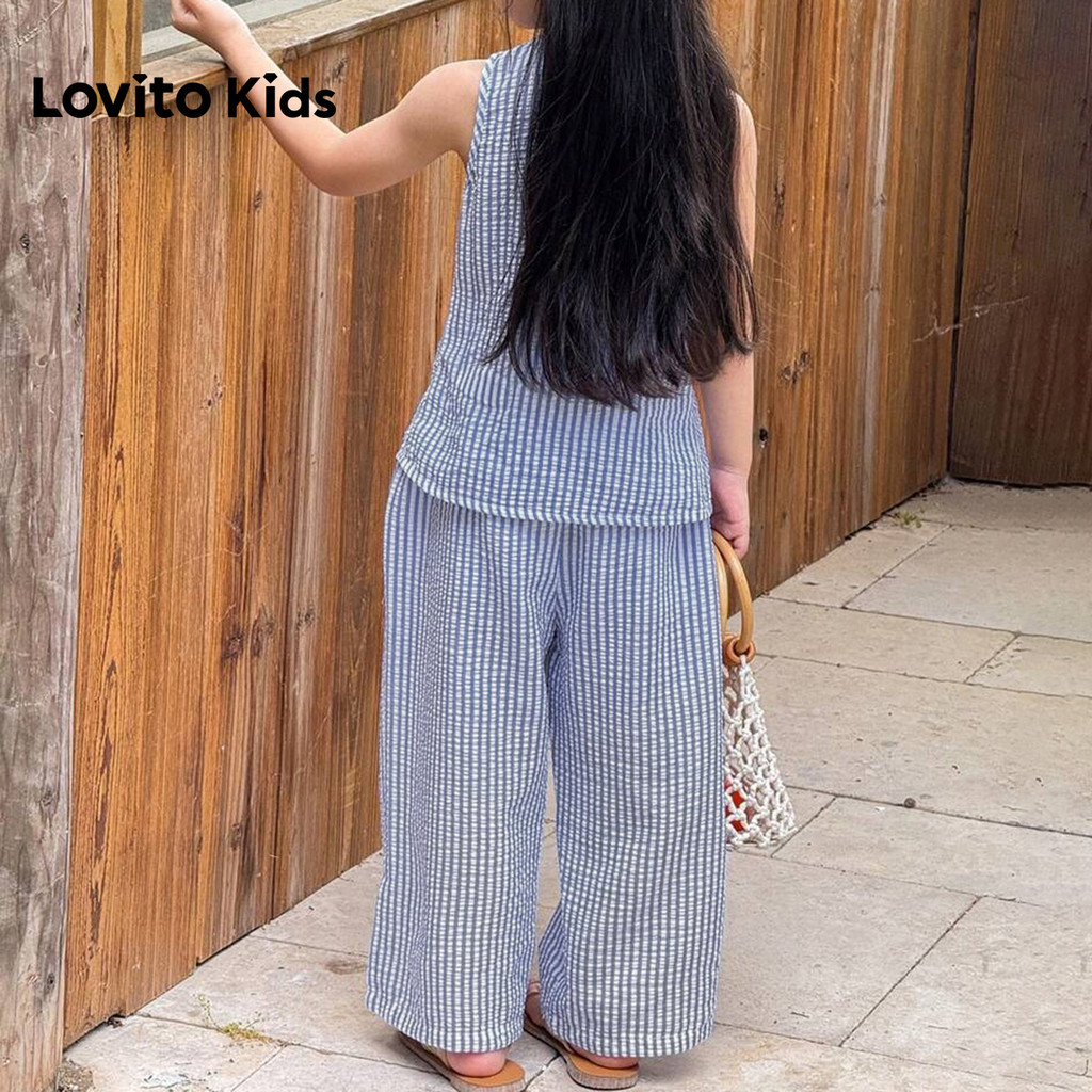 Lovito Kids Listrado Conjuntos Casuais de Calças com Botão Primavera/verão Conjuntos Azuis de Calças para menina L192AD025 · foto 2
